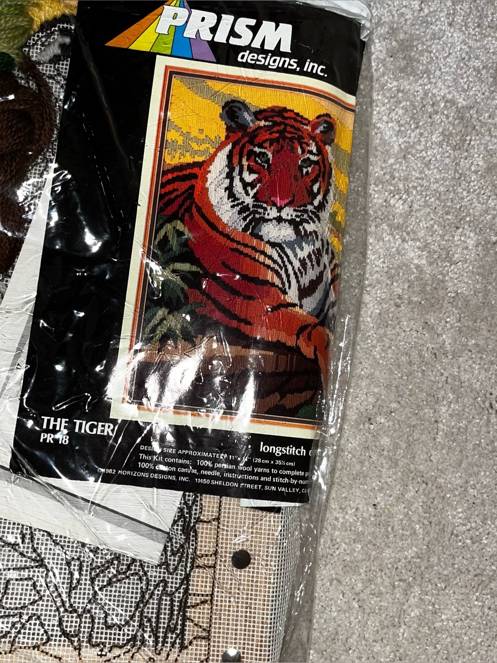 Vintage prism tiger needlepoint framed wall art cross stitch  16” x 16” started